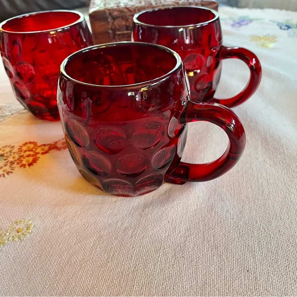 Vintage Ruby Red Mid-century Modern Glass Thumbprint Mugs. Set of 3. 8oz.